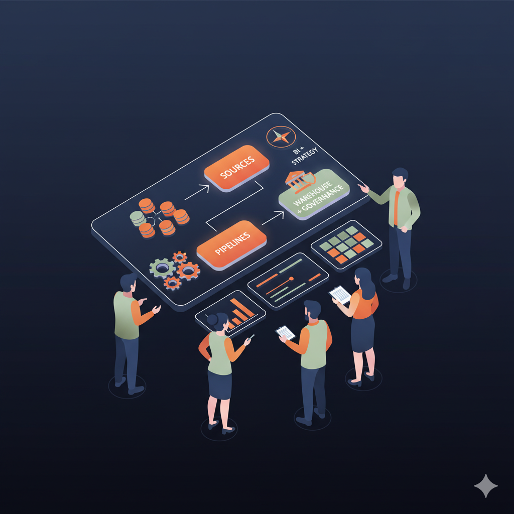 Team planning data strategy on whiteboard with charts and roadmap